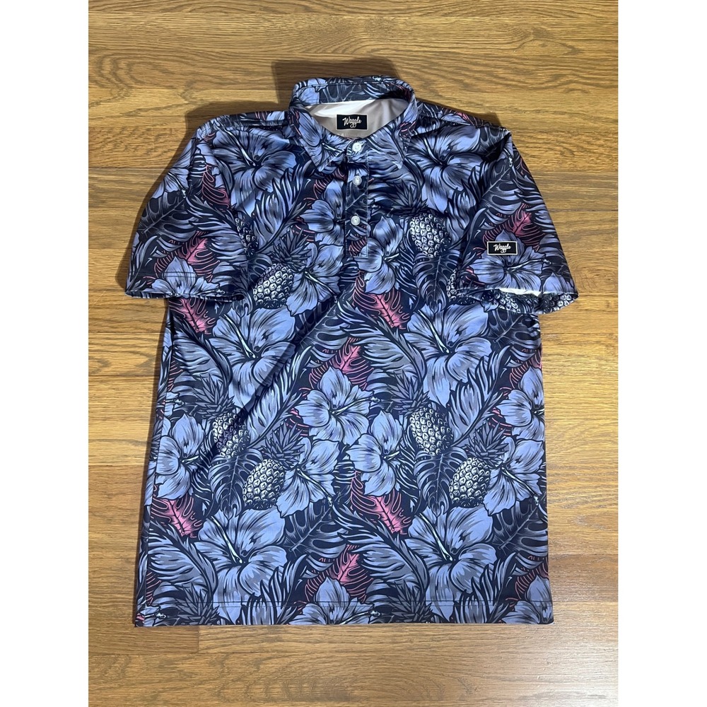 Waggle Golf Polo Shirt Mens Medium Blue Pink Tropical Floral Pineapple Hibiscus